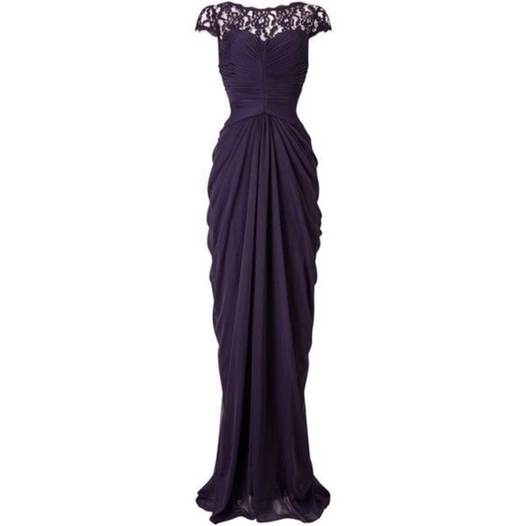 Adrianna Papell || Lace Illusion Bodice Draped Skirt Eggplant Purple 14 - Picture 1 of 11